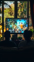 An African American couple relaxes on a couch, watching an engaging entertainment show on a large screen in their warm living space