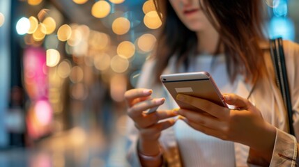 Woman Using Smartphone in City at Night.