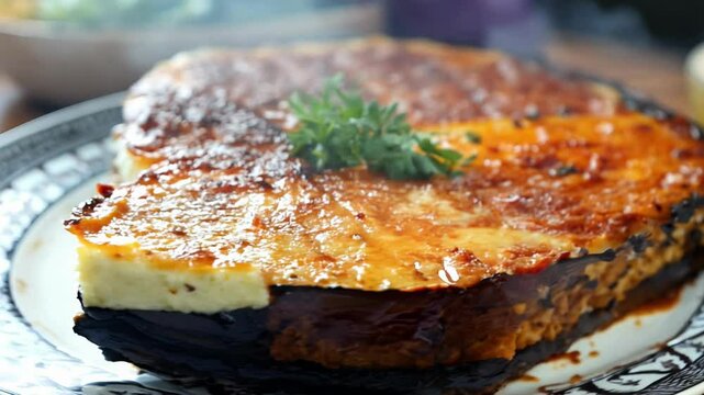 Preparing a delicious moussaka with rich layers of eggplant, spiced ground meat, and creamy bechamel sauce in a warm kitchen setting.