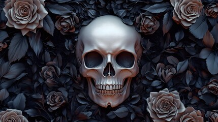 Ornate skull, gothic roses, intricate details, dark theme