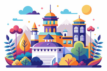 Fototapeta premium Colorful Illustration of a Modern Cityscape with Geometric Buildings