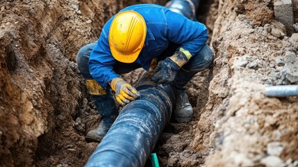 Construction Worker Repairing a Large Pipe in a Trench