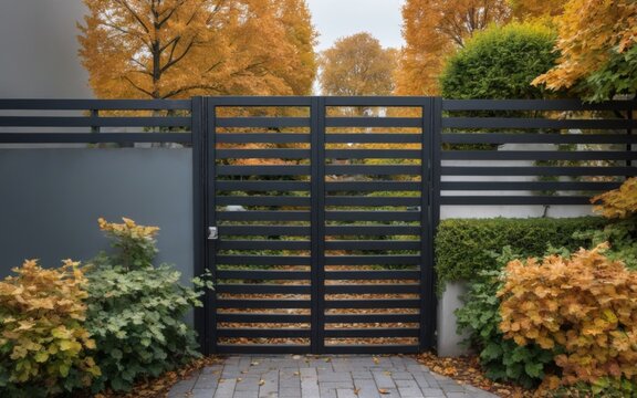 Modern Black Metal Gate in Garden with White Pillars, Green Shru