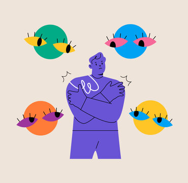 Man suffering from panic attack, nightmare anxiety. Concept of fear of ghosts. Colorful vector illustration