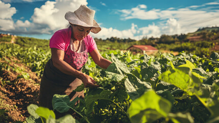  Woman Harvesting Crops on a Sunny Day in a Lush Green Field