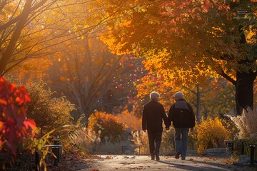 Elderly couple holding hands while walking through a park with vibrant autumn foliage on a peaceful morning