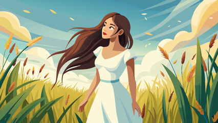 A woman with long brown hair is standing in a field of tall grass. She is wearing a white dress and has a smile on her face. Concept of freedom and relaxation