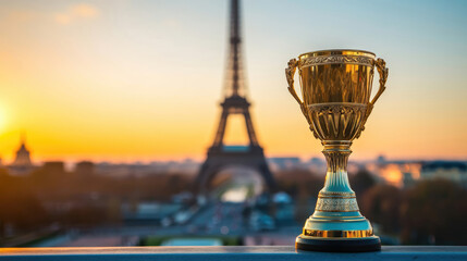 Stunning Golden Trophy Positioned Against the Eiffel Tower . Olympic Games 2024