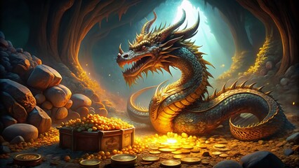 Obraz premium A majestic dragon coils around a glittering treasure trove of gold coins, precious jewels, and ancient artifacts in a mysterious, dimly lit underground chamber.