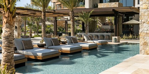 Fototapeta premium Poolside lounge chairs by a resort bar.