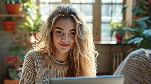 An image from the side shows a happy young woman in casual clothing sitting on the floor next to an open window and using a laptop during her period of quarantine.