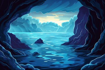 A Blue Cave Opening to a Calm Ocean with a Distant Mountain Range