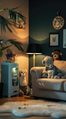 A cozy living room features a sofa adorned with plush toys and warm lighting creating a comfortable and inviting atmosphere