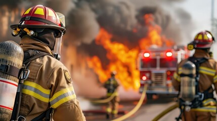 Obraz premium Evacuation plan activation with smoke, rescue team intervention