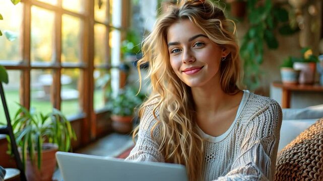 An image from the side shows a happy young woman in casual clothing sitting on the floor next to an open window and using a laptop during her period of quarantine.