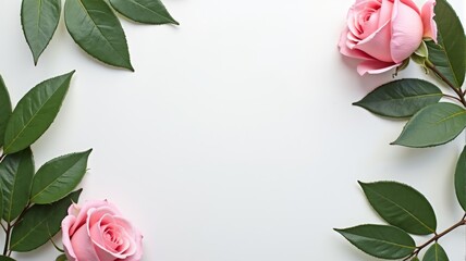 Fototapeta premium Elegant Pink Roses with Green Leaves on White Background - Nature Floral Border Illustration for Events, Invitations, and Decorations