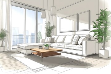 Fototapeta premium A drawing of a living room with a couch, coffee table, and a potted plant. The room has a modern and minimalist design, with white furniture and a neutral color palette