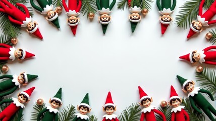 Festive Christmas Elves Border with Pine Leaves and Ornaments