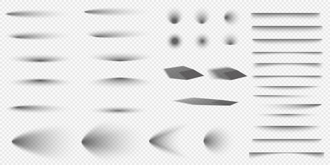 A set of shadows on a transparent background. Shadows for posters, flyers, business cards and banners on a transparent background. Contrasting and soft shadows. Vector illustration. 