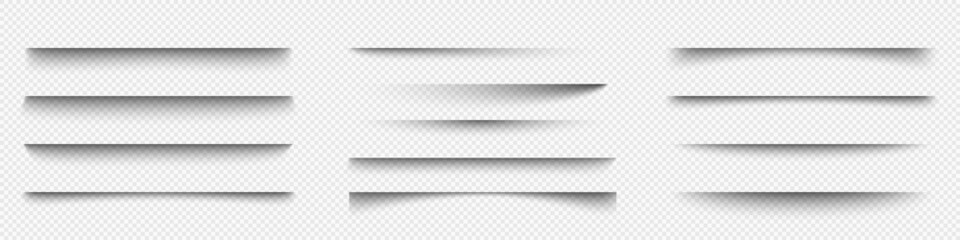 A set of shadows on a transparent background. Realistic soft shadows. Various shadows of the edge of the sheet. Layer separation element. Vector illustration.
