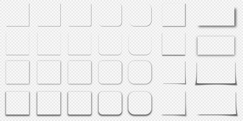 A set of realistic shadows for rounded squares and sheets. Clear and blurred shadow. Shadows for posters, flyers, business cards and banners on a transparent background. Vector illustrations.