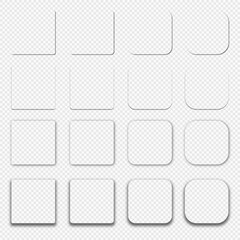 A set of realistic shadows for rounded squares. Crisp and blurry shadows. Shadows for posters, flyers, business cards and banners on a transparent background. Vector illustrations.
