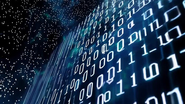 Binary numbers cascade in a digital display, set against a mesmerizing starry backdrop, illustrating the blend of technology and space.