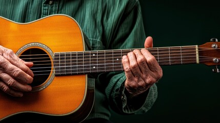 Fototapeta premium Musician Playing Guitar Under Warm Light, Emotions Flowing Through Every Note 