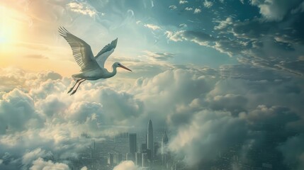 A stork flies over a metropolis in the clouds