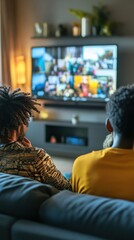 Friends gather at home for a fun movie night, immersed in entertainment while lounging comfortably on a cozy couch