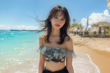 リゾート感のある柄のベアトップを着ている美少女