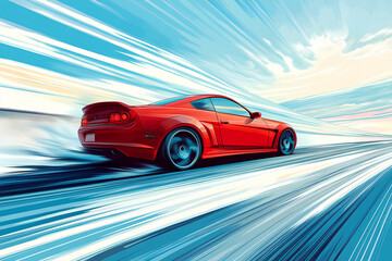 Obraz premium red car at high speed along the highway blur movement speed, cartoon style, vector, 3d rendering