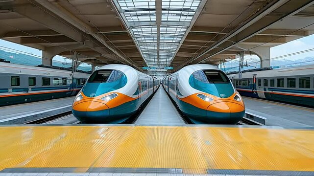 Two sleek, modern high-speed trains await departure at a spacious station in Taiwan, showcasing advanced design and vibrant colors under bright skies.