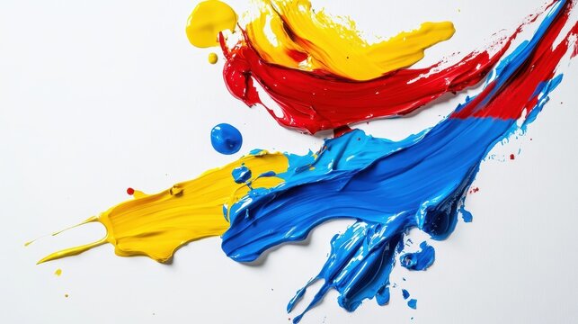Abstract composition of vibrant paint strokes in primary colors on a white background.