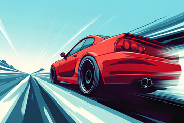 Obraz premium red car at high speed along the highway blur movement speed, cartoon style, vector, 3d rendering