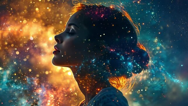 Metahuman goddess spirit silhouette in the universe on a background of galaxies, fresh vibrant spiritual