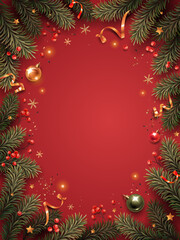 Vertical banner with gold and green Christmas symbols and text. Tree, balls, golden tinsel confetti and snowflakes on a red background.
