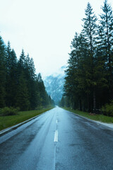 Fototapeta premium Road in a foggy and rainy morning in the Italian Alps, The Dolomites, Italy