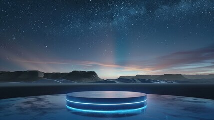 A futuristic podium for advertising products with a reflective surface, standing against the backdrop of a desert landscape under a starry night sky