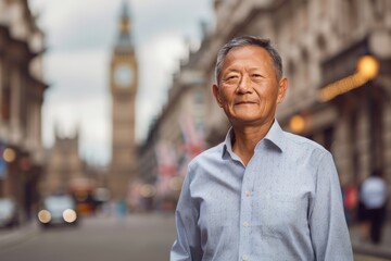 Fototapeta premium A dignified senior man poses in a busy urban street with iconic big ben in the background during evening hours.