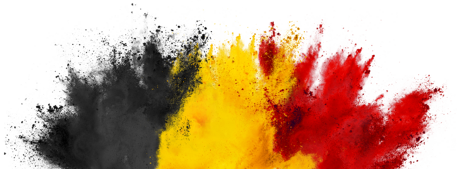 colorful flag of belgium with black yellow and red color holi paint powder explosion isolatedwhite background. belgian national europe travel and tourism concept.