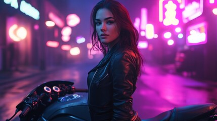 A woman in a leather jacket poses confidently beside a motorcycle in a vibrant urban setting. Neon lights illuminate the scene, creating a futuristic and edgy atmosphere. AI