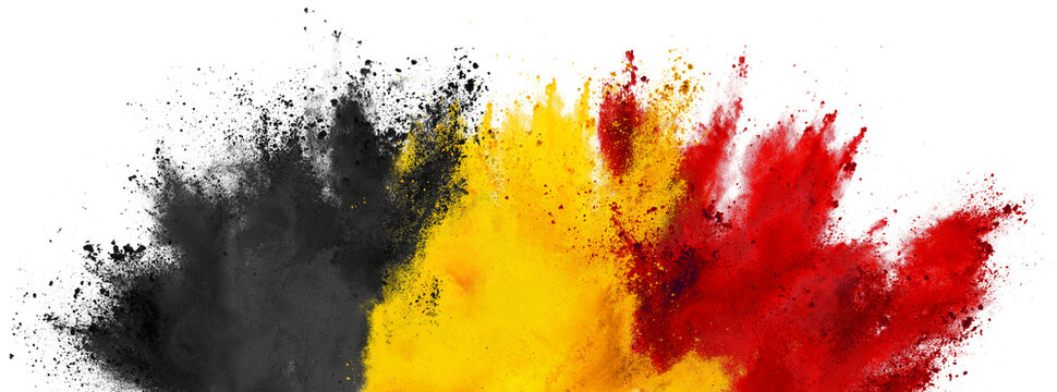 colorful flag of belgium with black yellow and red color holi paint powder explosion isolatedwhite background. belgian national europe travel and tourism concept.