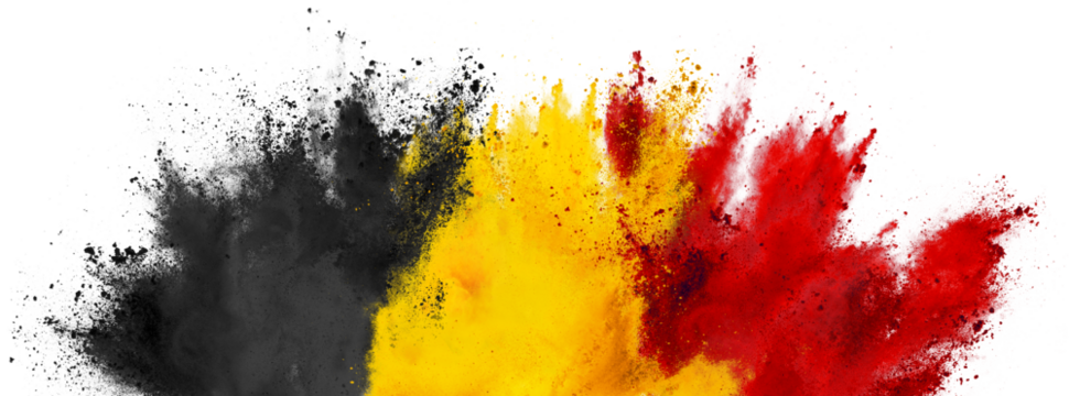 colorful flag of belgium with black yellow and red color holi paint powder explosion isolatedwhite background. belgian national europe travel and tourism concept.