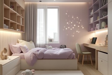 Fototapeta premium A small bedroom with a pink bed and a desk with a laptop