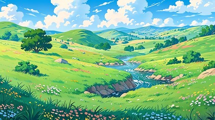 Fototapeta premium Serene Summer Meadow with River and Hills