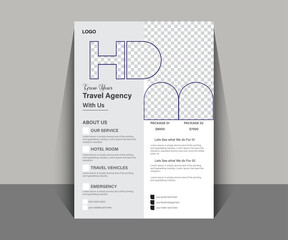 Travel flyer design template, tourism, adventure, journey, airplane, camera, travel bag, passport and tickets. creative modern travel leaflet for advertisement. Flyer with white and blue color. 