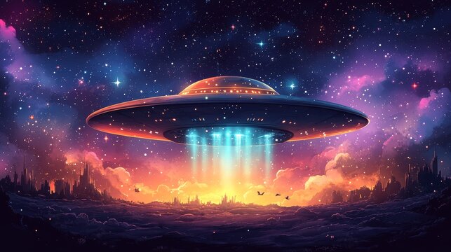 A flying saucer colorful cartoon style high resolu  818 night, sky, star, space, light, clouds, landscape, sun, planet, blue, nature, moon, astronomy, water, sunset, cloud, earth, northern lights, aur