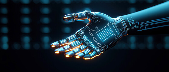 Futuristic robotic hand showcased in vibrant neon lighting, symbolizing advanced technology and innovation in robotics.