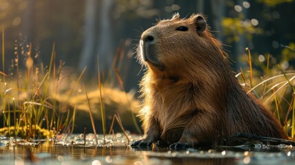 A beaver is seen sitting in a pool of water at the edge of a forest with a beautiful sunset in the b